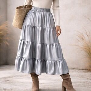 Tahari Tiered Maxi Skirt Metallic Silver Elastic Waist Y3K Boho Chic Clean Girl